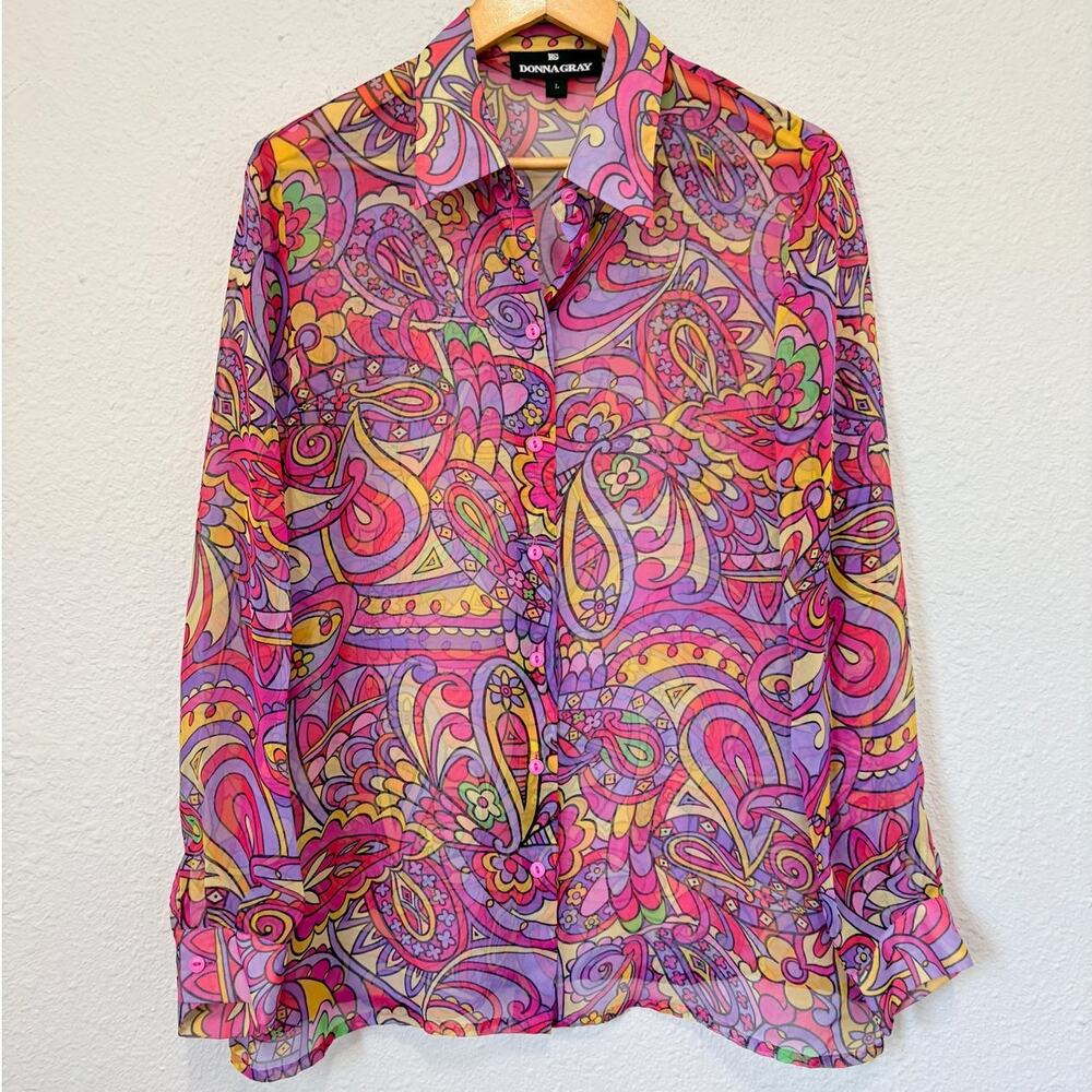 Vintage Donna Gray Button Up Blouse Psychedelic Paisley Hippie 70s Pucci